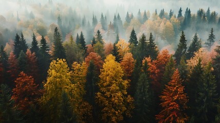 Autumnal Forest with Golden and Green Trees