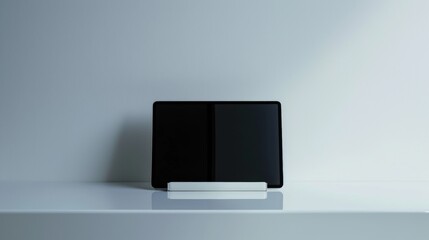 A Black Tablet Computer Resting on a White Stand on a White Tabletop