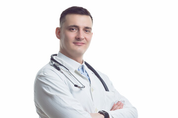 Fototapeta premium Man in Business. Caucasian Professional Confident Male GP Doctor Posing in Doctor Smock And Endoscope with Hands Folded Looking Straight