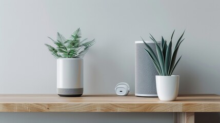 Obraz premium Two Potted Plants on a Wooden Shelf Against a White Wall