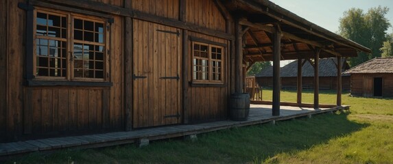 View of wooden stable buildings at summer day.