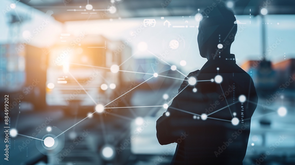 Poster a silhouette of a supply chain manager stands confidently against a backdrop of interconnected shipm