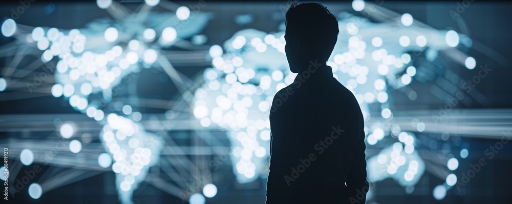 Poster the silhouette of a manager is superimposed on a digital map of global distribution networks, highli