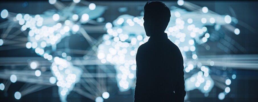 The silhouette of a manager is superimposed on a digital map of global distribution networks, highlighting the complexity of supply chains with space for copy.