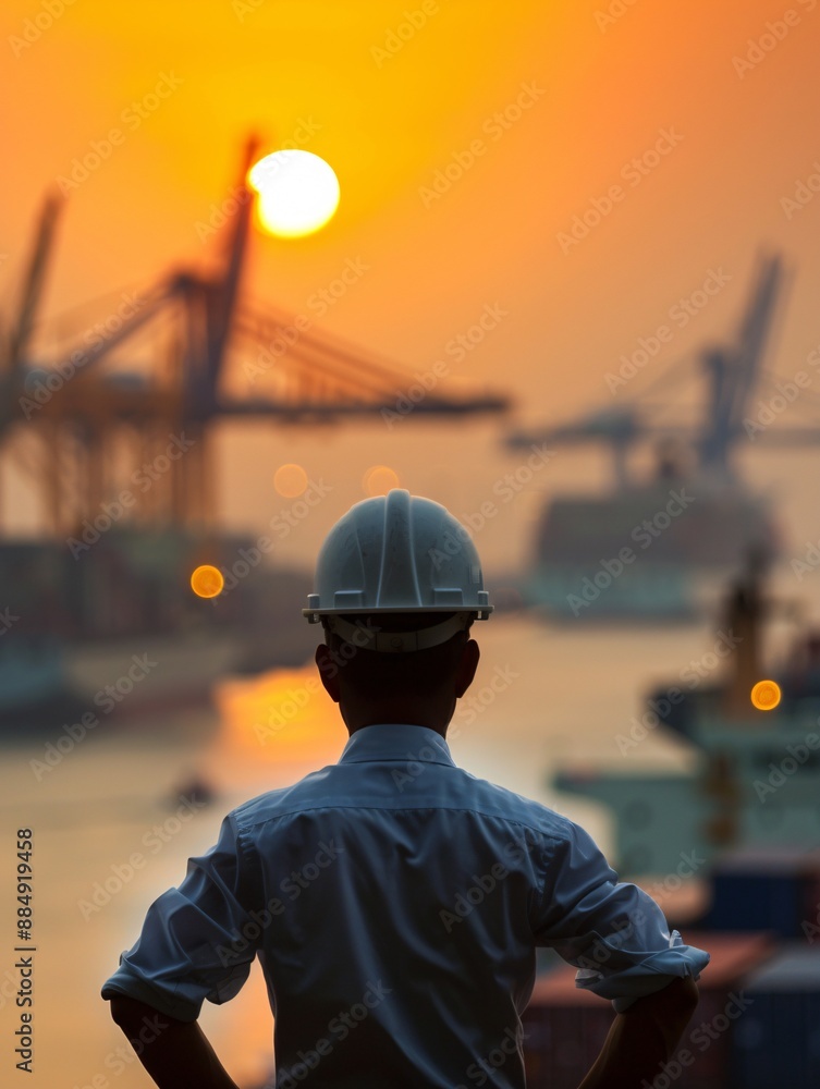 Poster against a background of a busy shipping port, the silhouette of a manager surveys the operations, em