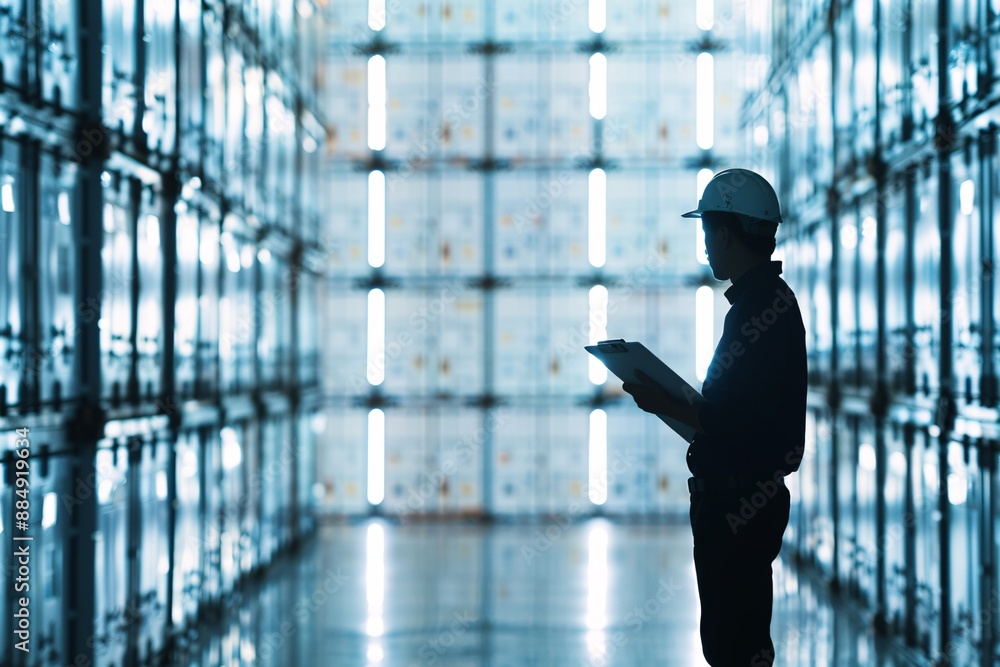 Aufkleber the silhouette of a manager holding a clipboard is visible against a backdrop of organized shipping 