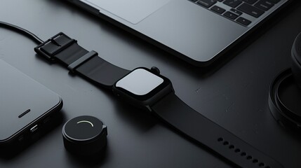 Black Smartwatch and Accessories on a Dark Surface