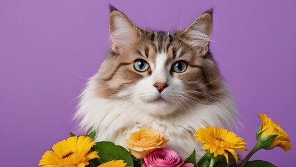 Beautiful cat with bouquet of flowers on color background, closeup