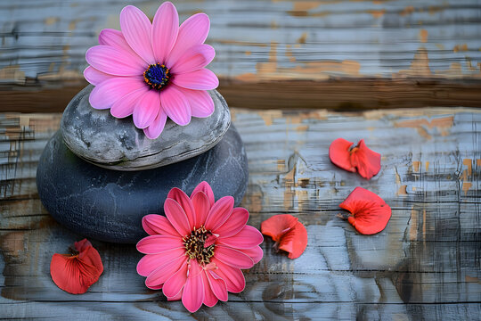 Drie Zen stenen op oud hout met bloemen