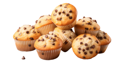 Plain muffin muffins with chocolate chips on transparent background, PNG file. Various design angles showcasing delicious baked goods, ideal mockup template for artwork or digital designs.