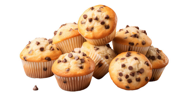 Plain muffin muffins with chocolate chips on transparent background, PNG file. Various design angles showcasing delicious baked goods, ideal mockup template for artwork or digital designs.