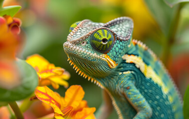 Vibrant Close-Up of a Green Color Chameleon Among Flowers
