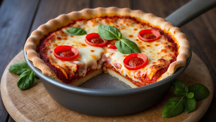 Freshly baked deep dish pizza pot pie with crispy crust, melted cheese, tomato sauce, cherry tomato, basil garnishes. Wooden board with missing slice