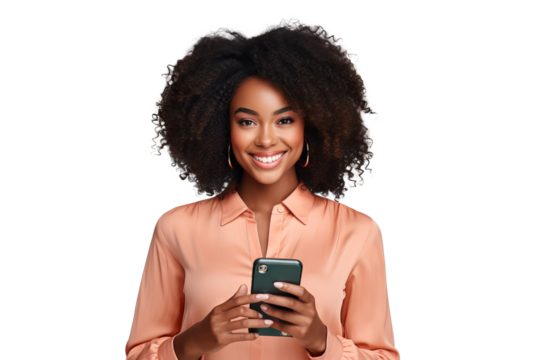Portrait of a beautiful young African American woman holding a phone isolated on transparent background PNG