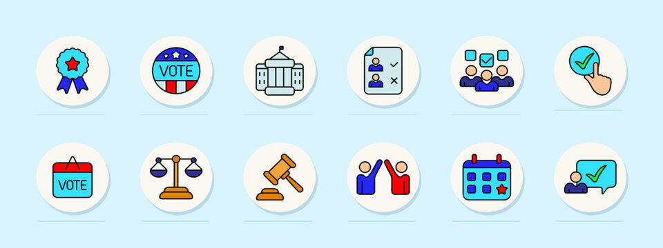 Voting set icon. Badge, voting button, government building, ballot paper, voters, approval mark, campaign board, justice scales, gavel, high-five, calendar, speech bubble, election, democracy, civic.