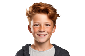 Portrait of a cute ginger boy wearing eyeglasses with red hair, freckles, and a happy smile, isolated on transparent background for diverse educational and marketing projects