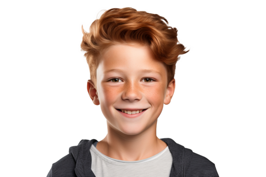 Portrait of a cute ginger boy wearing eyeglasses with red hair, freckles, and a happy smile, isolated on transparent background for diverse educational and marketing projects