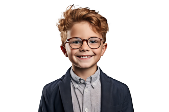 Portrait of a cute ginger boy wearing eyeglasses with red hair, freckles, and a happy smile, isolated on transparent background for diverse educational and marketing projects