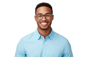 Confident African American man with eyeglasses in blue shirt on transparent background for business profiles, diversity projects, and advertising campaigns
