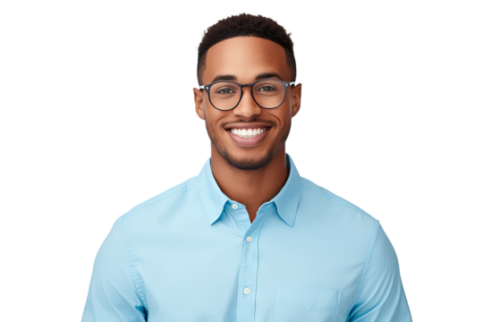 Confident African American man with eyeglasses in blue shirt on transparent background for business profiles, diversity projects, and advertising campaigns