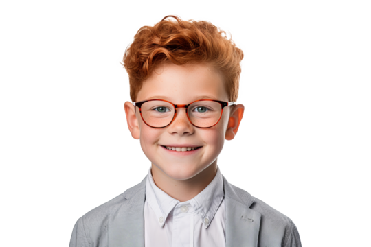 Portrait of a cute ginger boy wearing eyeglasses with red hair, freckles, and a happy smile, isolated on transparent background for diverse educational and marketing projects