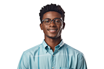 Confident African American man with eyeglasses in blue shirt on transparent background for business profiles, diversity projects, and advertising campaigns