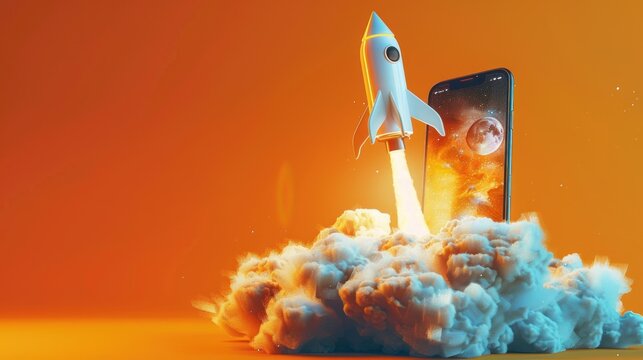 Rocket on coming out of smart phone screen, cell phone, start up concept, gradient orange background.AI generated image