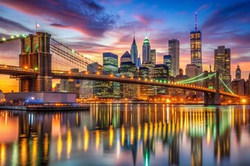 Fototapeta premium Iconic NYC skyscrapers and majestic Brooklyn Bridge illuminated at dusk, reflecting off the tranquil East River waters, capturing the essence of a magical holiday getaway.