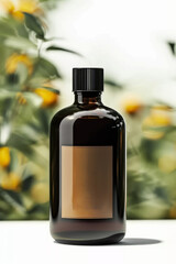 brown bottle product on a green grassland background, simple and elegant, conveying naturalness and freshness, organic, green leaves