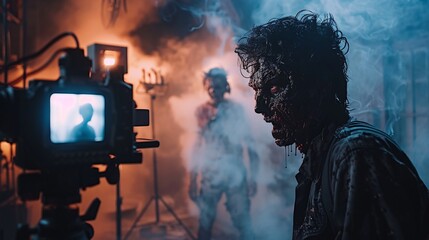 13. A special effects makeup artist filming a Halloween transformation tutorial in a spooky, dimly lit studio. The set resembles a haunted laboratory with fog machines, eerie props, and a wall of