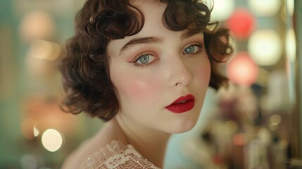 14. A beauty historian exploring makeup trends through the decades in a meticulously curated vintage set. The space transforms to represent each era, from a 1920s flapper's vanity to a 1980s neon-lit