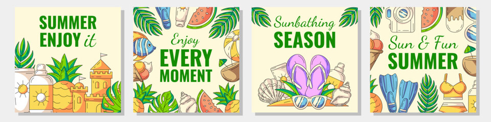 Set of colorful summer beach square card with painted seasonal elements and accessories. Summertime, holiday and vacation concept. For postcard, social media, poster, banner, invitation or flyer