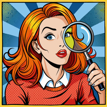 The woman with red hair looking through magnifying glass search. Retro Pop Art style Comic Style Book panel 