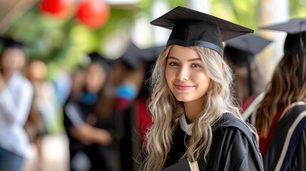 Happy female student in graduation cap and gown smiling during outdoor ceremony, with fellow graduates and trees blurred in the background.