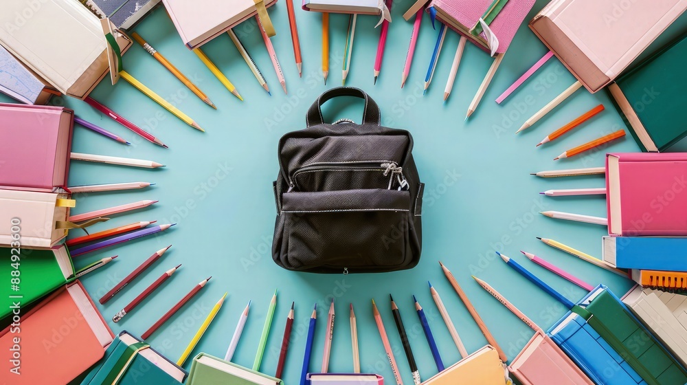 Aufkleber a minimalist setup with a child's school bag placed centrally, surrounded by an array of hardcover b