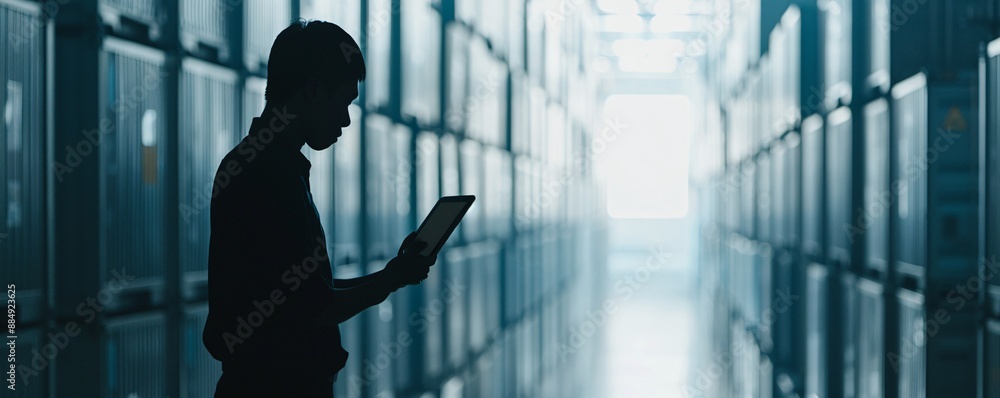 Poster a silhouette of a manager uses a tablet to track supply chain networks and shipments, providing ampl