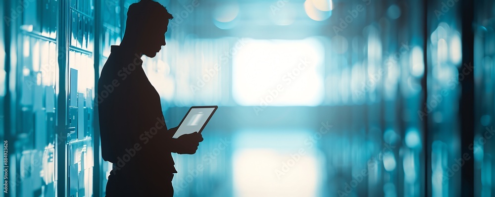 Poster a silhouette of a manager uses a tablet to track supply chain networks and shipments, providing ampl