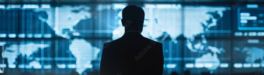 Poster the silhouette of a manager stands before a digital interface showing global shipment routes, highli