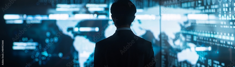Poster the silhouette of a manager stands before a digital interface showing global shipment routes, highli