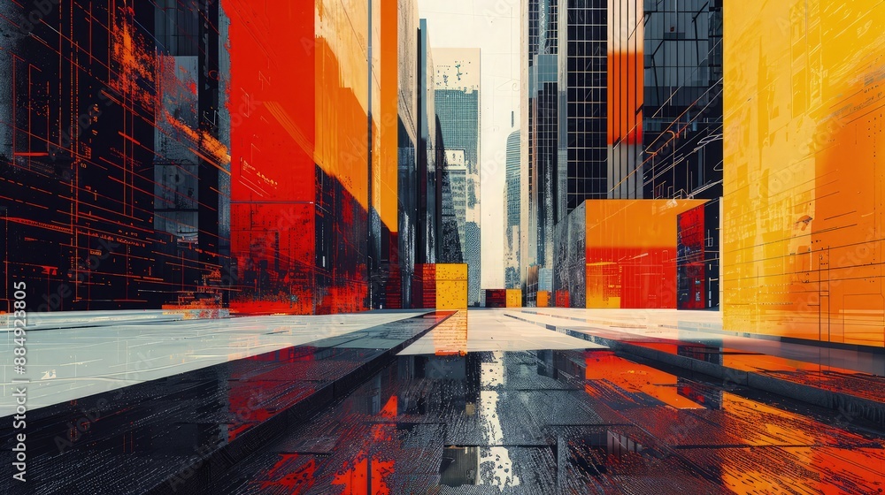 Poster a modern cityscape featuring contemporary architecture, with an abstract painting style using bold c
