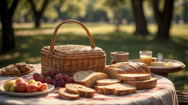 Picnic Scene Film a picnic setup in a sunny park, featuring a basket filled with sliced whole wheat bread, cheeses, and cold cuts