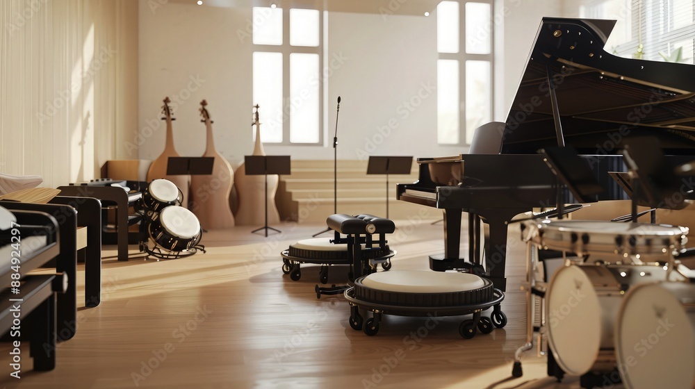 Poster a music room with instruments adapted for various disabilities, including a wheelchair-accessible pi