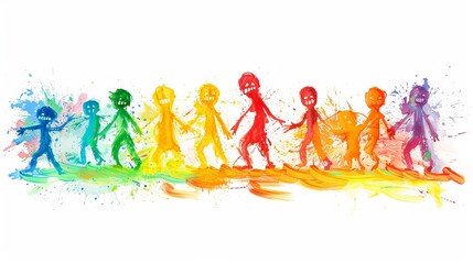 Fototapeta premium Colorful Stick Figures Walking in a Row