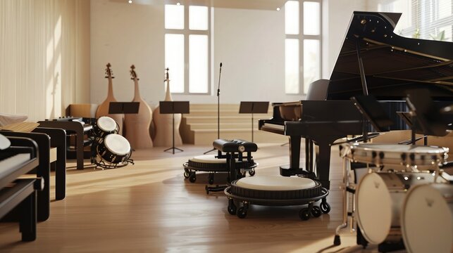 A music room with instruments adapted for various disabilities, including a wheelchair-accessible piano and percussion instruments with large, easy-to-handle beaters.