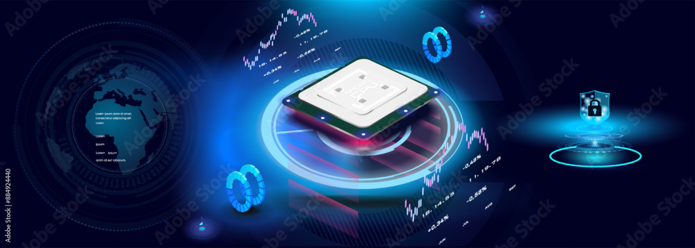 Poster realistic futuristic processor with neon glow. presentation powerful generation processor. modern co