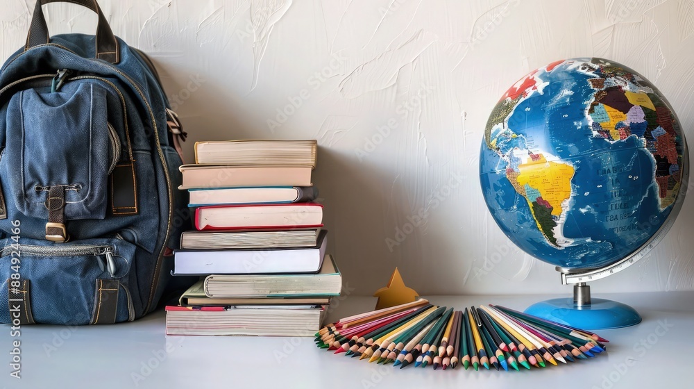Poster a neatly organized backpack resting next to a globe, books stacked with precision, and a set of colo