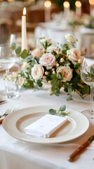 Elegant wedding table setting with copy space, intimate ambiance, and deep depth of field.