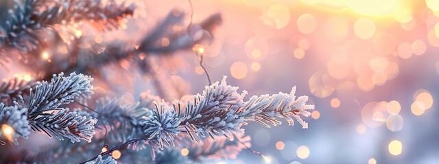 Delicate shot of frost covered green snow covered branch in winter with soft warm morning light on blurry background