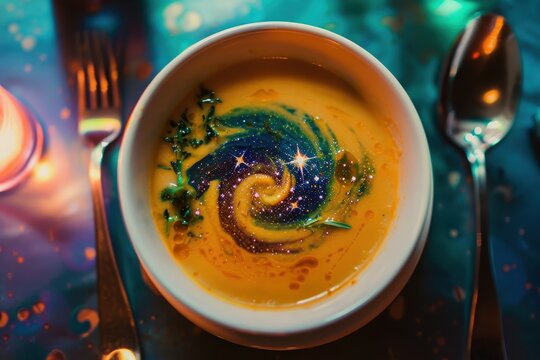 Cosmic Dining Experience: A Bowl of Soup with Swirling Galaxies and Stars, Eat the Universe