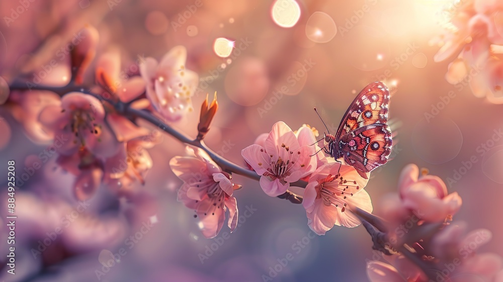 Poster macro photo of an apricot tree branch in full bloom with beautiful butterflies perched. the image ha